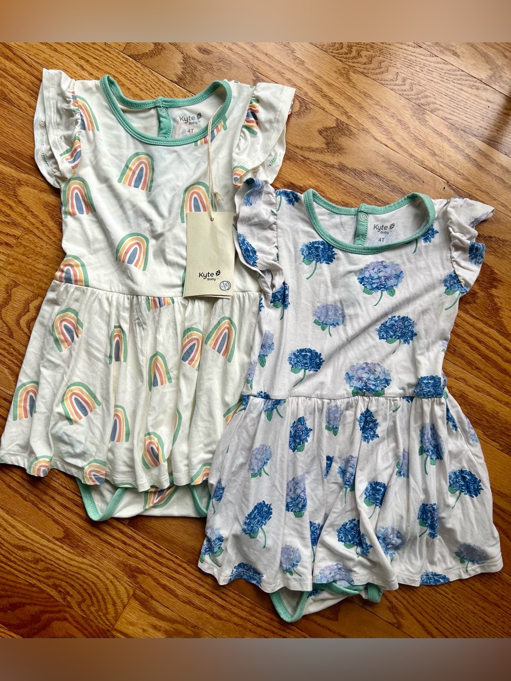 Two Kyte Baby Bodysuit Twirl Dress In Hydrangea Floral / wasabi rainbow 4T